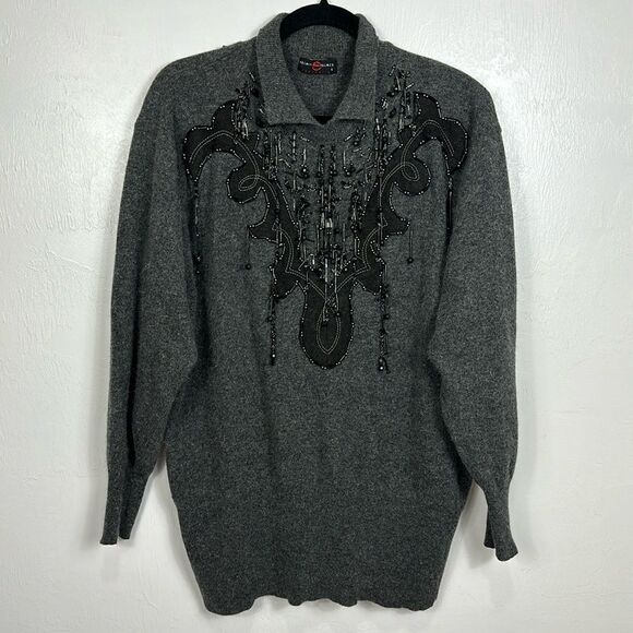 Palmer E Palmer Australia Gray Angora Blend Beaded Collared Sweater Size L - Picture 1 of 9